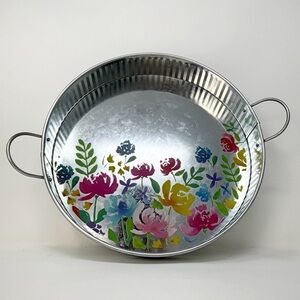 Farmhouse Galvanized Style Metal Floral Serving Tray Round 12 Display